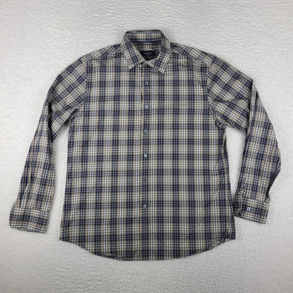 Bugatchi Shirt Mens Large Brown‎ Blue Shaped Fit Super Fine Cotton Button Up